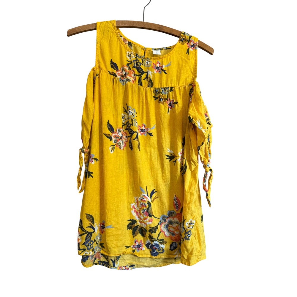 Old Navy Cold Shoulder Blouse Womens Small Yellow Floral Excellent Tie Sleeve